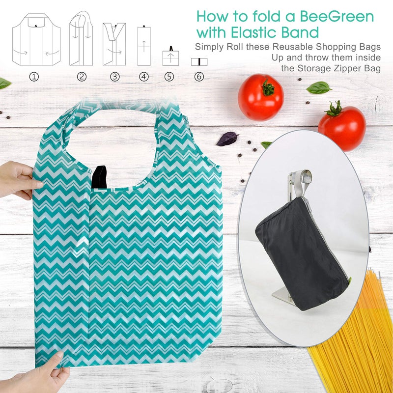 BeeGreen Reusable Grocery Bags Lightweight Durable Shopping Bags Washable Foldable 12 Pack Xlarge Classic Geometric Design Gift Tote Grocery Bags with Elastic Band and Separated Zipper Storage Pouch - Image 4